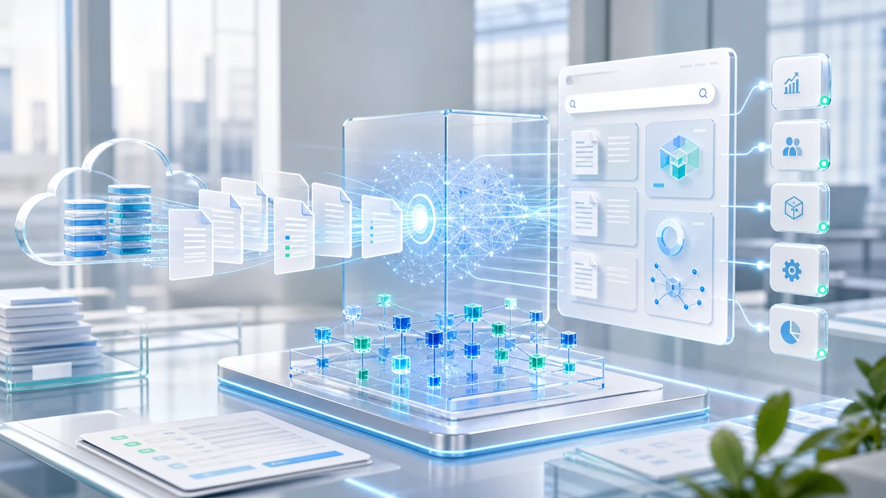 Light futuristic ERP and AI document retrieval RAG system visual